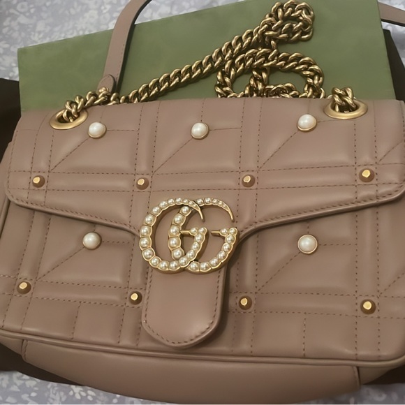Gucci Pearly GG Marmont Flap Bag Embellished Matelasse Leather Small - Picture 8 of 14
